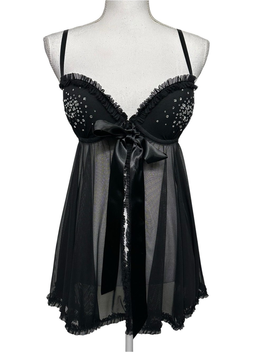 VICTORIA’S SECRET / Black Sheer Baby Doll with Rhinestones / 34C / Goth Fairy